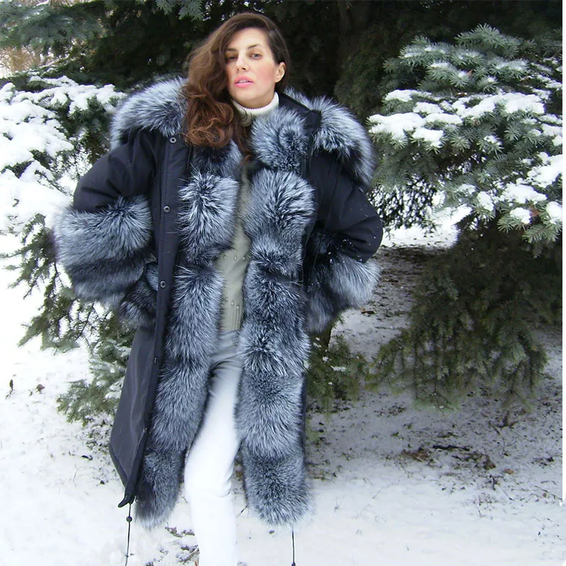 TOPFUR Luxury New Women Real Fur Parka Natural Silver Fox Fur With Fox Fur Liling Collar Winter Warm Fur Jacket Parka