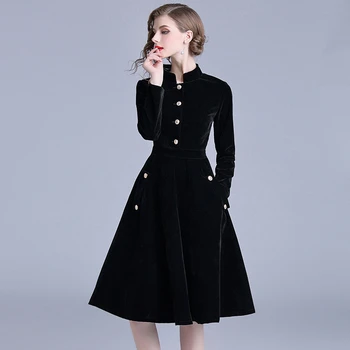 

Elegant Gold Velvet Dress Winter Dresses Retro Women 2018 New European Audrey Hepburn Long Sleeve Ladies Office Slim Dress O724