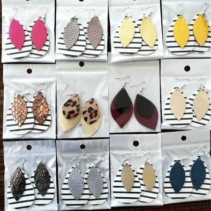 

2019 Fashion Double Layers Leather Teardrop Glitter Leopard Water Drop Leaf Earrings Leather Double Drop Earrings