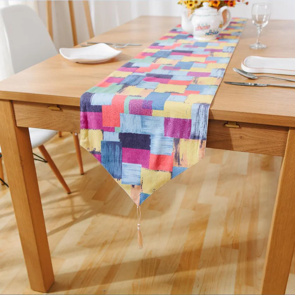 Hot Sale Colorful Box Linen Table Runners With Tassel Modern Graffiti Printed Rectangle Table