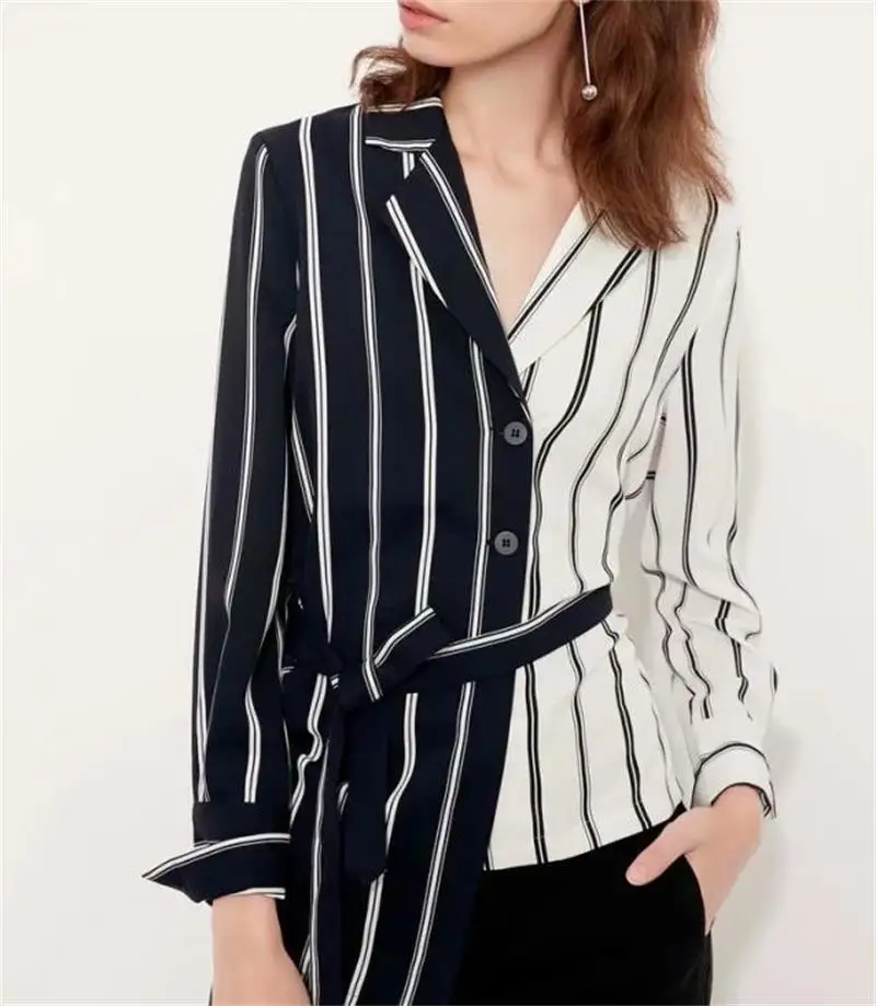 

Women Fashion Striped Contrast color Irregular hem Blouse Autumn Turn-down Collar Long sleeve Shirt Tops Femme blusas N535