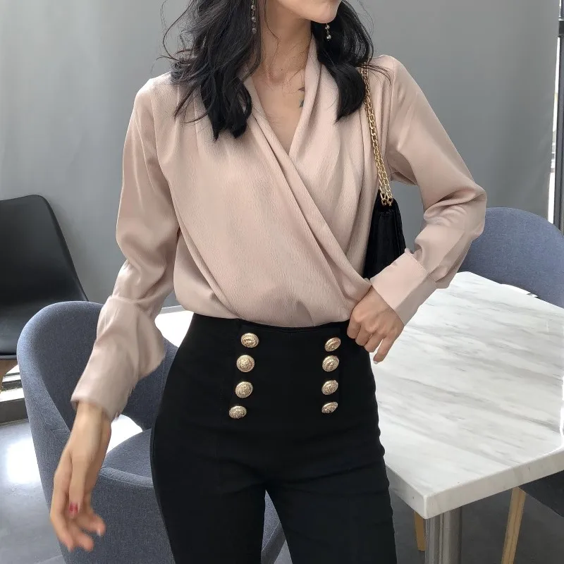  Deep V-Neck Women Shirt Pure Color Tops Autumn Summer Spring Female Long Sleeve Elegant Office Lady