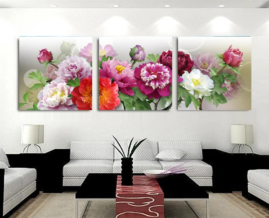

Free shipping 3 panel peony flower Printed Painting Picture Home Decor Canvas Art Dining room decoration W0179