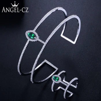 

ANGELCZ Designer Women Jewelry Micro Pave AAA Cubic Zirconia Cuff Bracelet Bangle Open Ring Sets With Green Crystal Stones AJ179