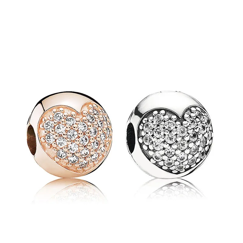 

2018 new free shipping 1pc rose gold&silver round heart shape CZ clip safety bead Fits European pandora Charm Bracelets A1030
