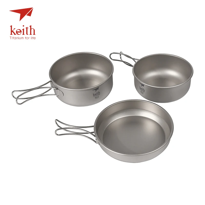 Peças de Titânio Conjunto de Taças com Cabo Keith 3 Panelas Dobrável Cozinhar Define Titanium Pot Set Camping Caminhadas Picnic Panelas Utensílios Ti6053