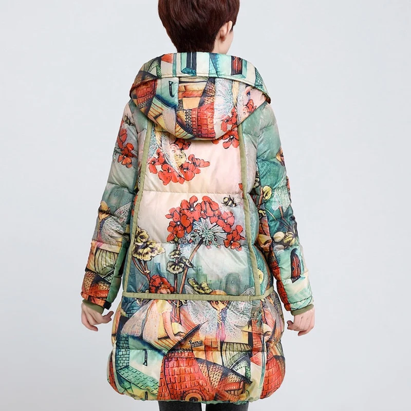 Thick long down coat women print 2018 Winter fashion female hooded overcoat 90% White duck down warm casual ladies outerwear top