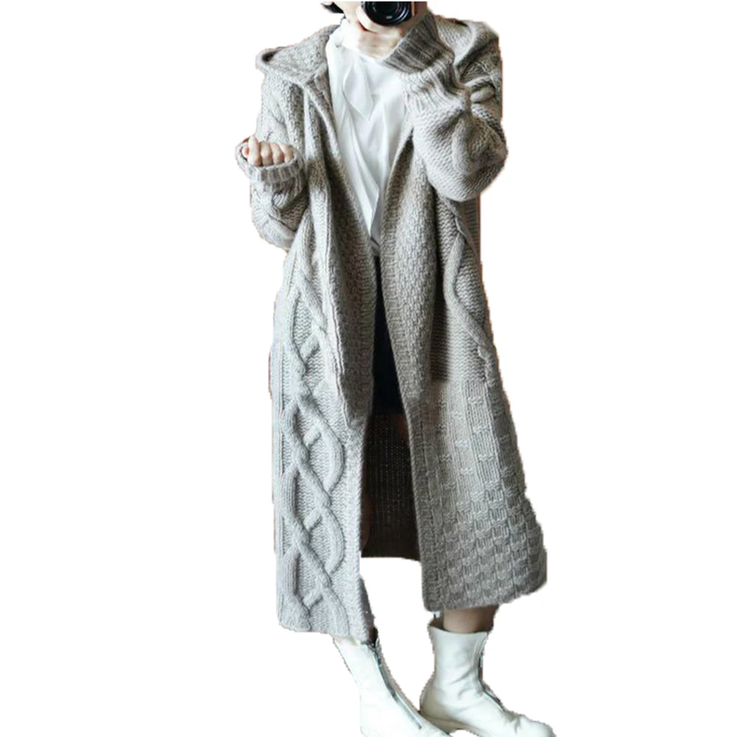 New Women Knitted Hooded Sweater Long Cardigan Autumn Long Sleeve Loose Sweaters Coat Female Warm Solid Cardigans Outwear - Цвет: Gray