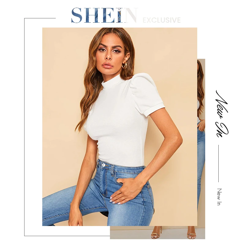 SHEIN, Офисная Женская белая футболка с воротником-стойкой и пышными рукавами, летняя однотонная Базовая футболка с коротким рукавом, Элегантная футболка, женские топы