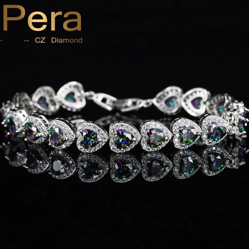 Pera роскошный мистический Радужный соединенный в форме сердца каменный 925 пробы Серебряный ювелирный свадебный браслет для невесты B075