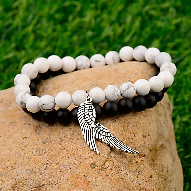 Amader серебряное крыло пара браслет для женщин ювелирные изделия белый камень и черный украшенный бисером матовый расстояние браслеты Pulseira Masculina AB326