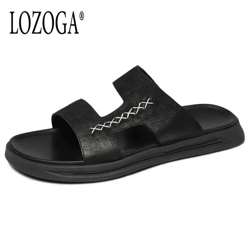 

Lozoga Men Slippers Black Genuine Leather Luxury Flip Flops Summer Fashion Beach Sandals Shoes Outdoor Casual Slippers New Brand