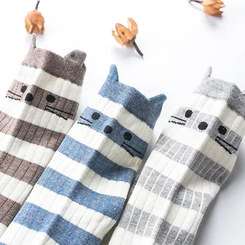 

Women Cat Print Socks Cotton Stripe Elastic Force Lovely Mid Socks Anti-friction Cartoon Fashion Female Socks