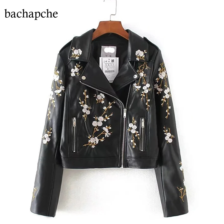 Women PU Leather Jacket Black Floral Embroidery Outwear Female