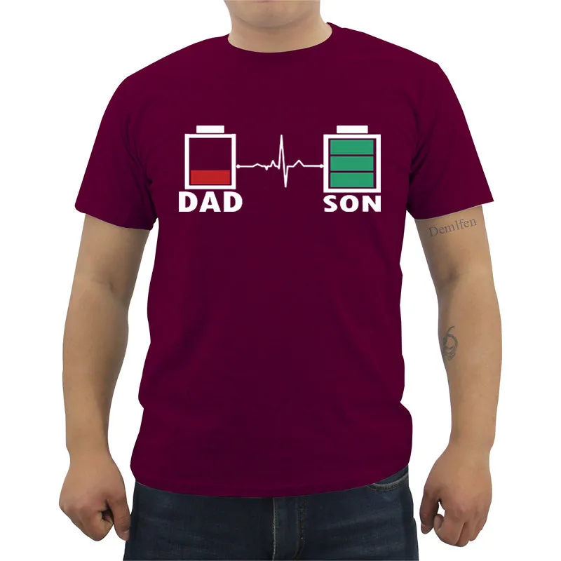 Summer Men's Cotton Short Sleeve O-neck T Shirt Funny Dad And Son Low Battery Men T-Shirt Men Clothing Casual Tees Tops