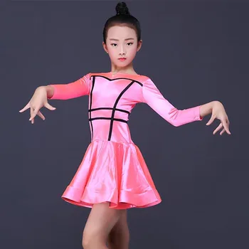 

2019 Latin Dress Girls Pink Long Sleeve Kids Latin Dance Competition Dresses Rumba Cha Cha Samba Clothes Performance Wear DN3085
