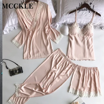 

4 Pieces Women Silk Satin Lace Patchwork Pajamas Suit V-neck Long Sleeve Nightgown Women 2020 Spring Summer Sleepwear Female