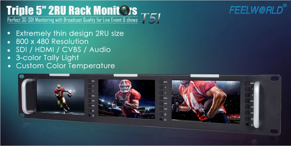 Feelworld T51 тройной 5 дюймов 2RU lcd 3G-SDI HDMI вход выход в стойку монитор вещания уровень качества монитор