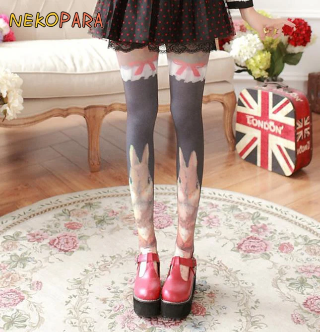 

Oil Paiting Rabbit Bow Kawaii Womens Lolita Velet Tights Cute Harajuku Pantyhose Vintage Spring Thin