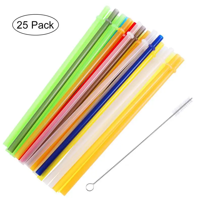 

25Pcs 23CM Straws with Rings Solid Color Reusable Plastic Drinking Straw with Cleaning Brush for Party Home (Random Colors)