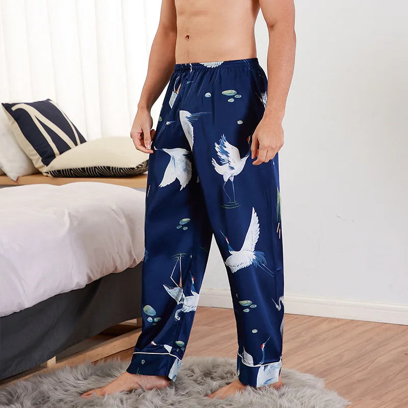 New Style Mens Long pants Spring Summer Casual Silky Home Wear Male Sleep Pyjama Bath Trousers L-XXL