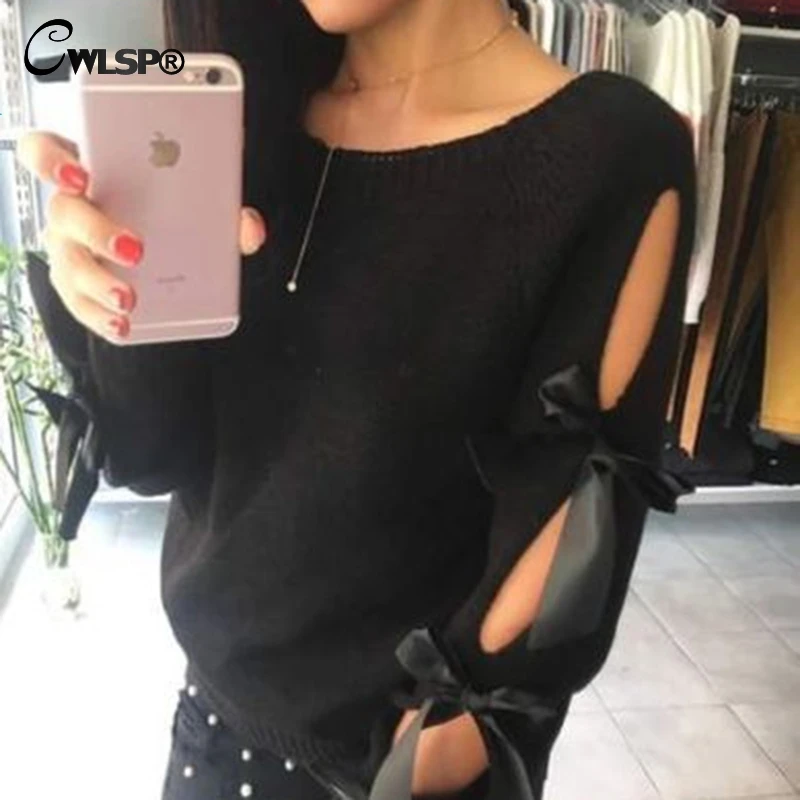 CWLSP 2018 Autumn Winter Sweater For Women O Neck Knitted Fashion Hollow Out Lace Up Bowknot Sweater Long Sleeve Pullover QZ3065