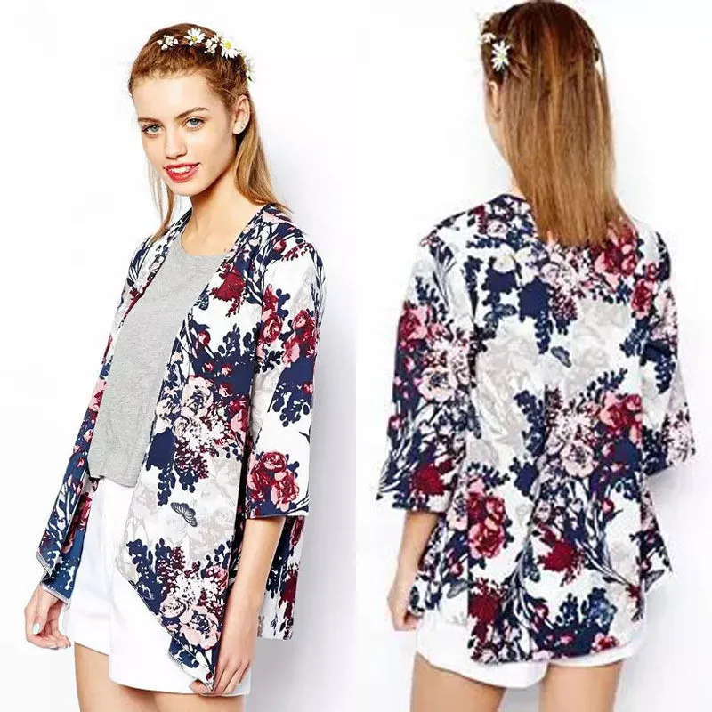 Summer Style Women Batwing Sleeve Floral Kimono Jacket Coat Cover Ups