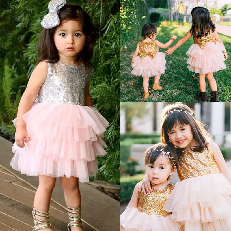 

Dresses 2017 New Baby Children Girl Sequins Backless Bow Gold Lace Tulle Ruffled Party Mini Ball Gown Formal Dress Fashion Girl