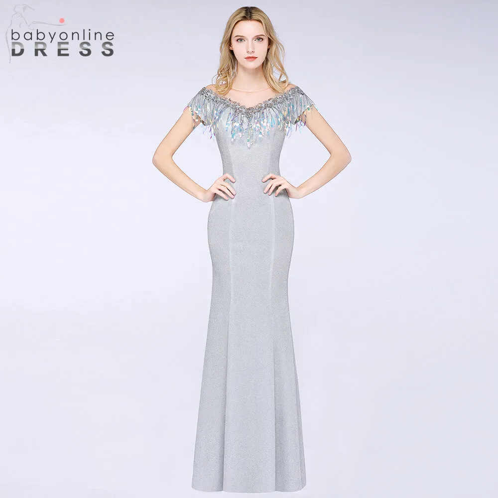 

Charming V Neck Mermaid Prom Dresses Long Sexy Illusion Short Sleeve Sequin Evening Party Dresses with Tassel Vestido de Festa