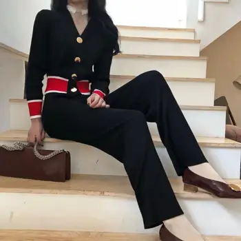 

Spring 2018 new women fashion Slim long sleeve hit color knitted sweater+casual pant two-piece sets