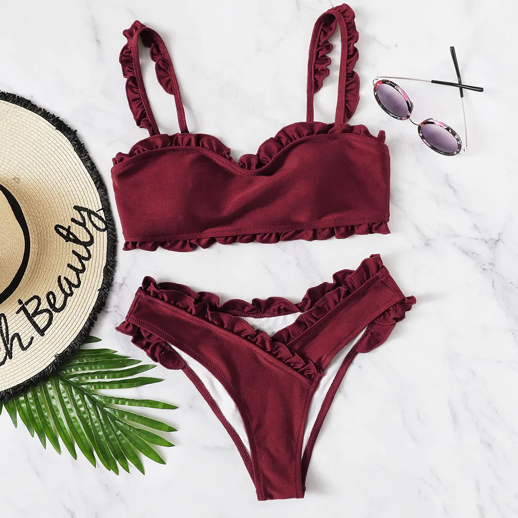 Бикини женские купальный костюм летняя модная одноцветная со шнуровкой комплект бикини с оборками бразильская пляжная одежда купальники купальник