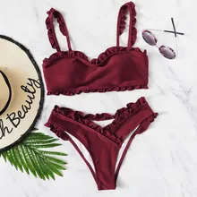 Бикини женские купальный костюм летняя модная одноцветная со шнуровкой комплект бикини с оборками бразильская пляжная одежда купальники купальник
