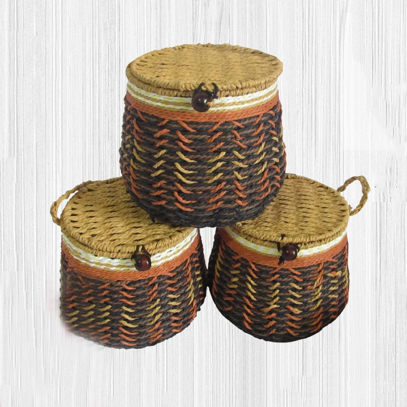 Straw rope storage jar desktop cosmetic snacks Headphone data cable tea storage box living room tea packaging debris organizer