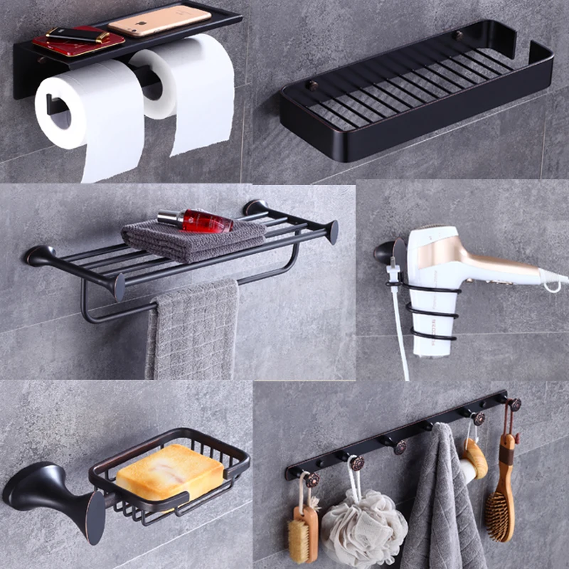 Bathroom Accessories Bath Hardware Set Towel Shelf Toilet Paper Holder Cloth Robe Hook Hair Dryer Storage Rack Soap Dish Basket