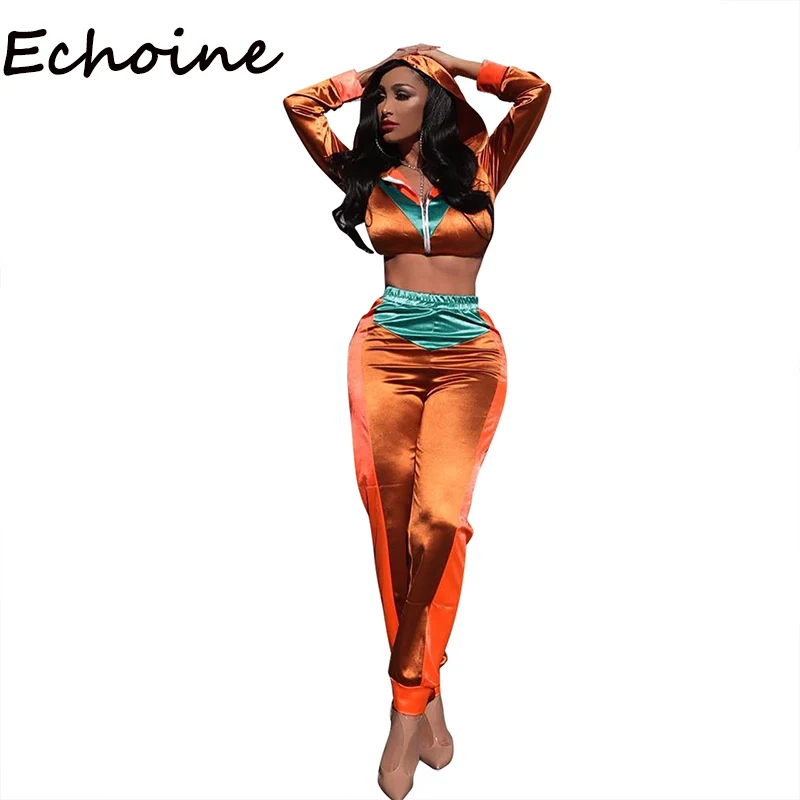 

Echoine Hooded 2 Piece Set Sportwear Suit Color Patchwork With Cap Long Sleeve Crop Top + Long Pants Summer Outfits For Women