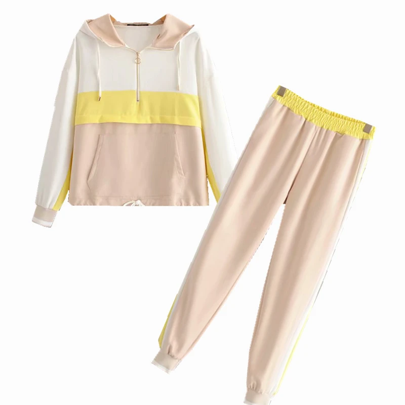 

Set Female Fashion Contrast Color Baseball Pullover Jacket Women Tops + Pencil Jogging Pants Suits Two Piece Set Loose Tracksuit