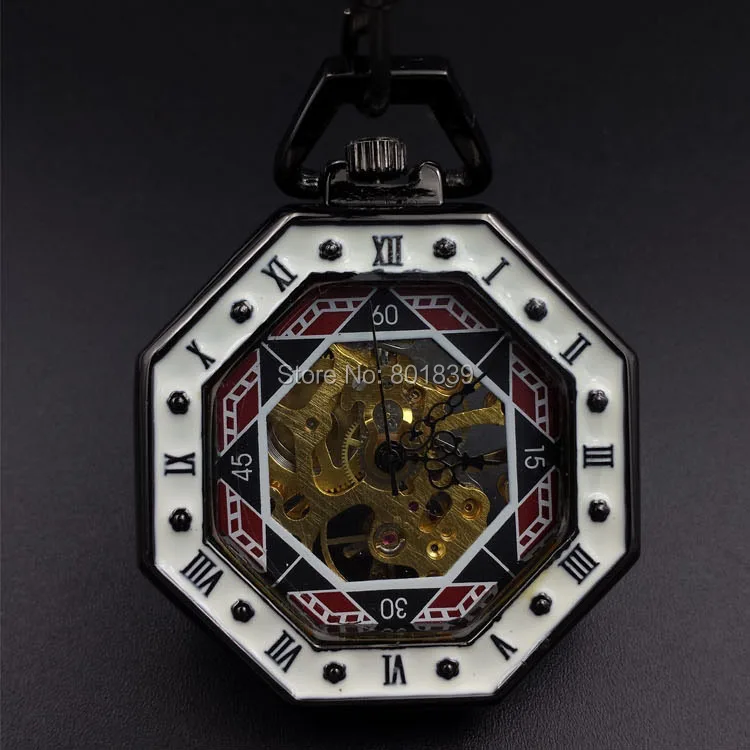 Ретро Octagon Скелет циферблат Механический ручной взвод карманные часы черный сеть хороший подарок цена H173