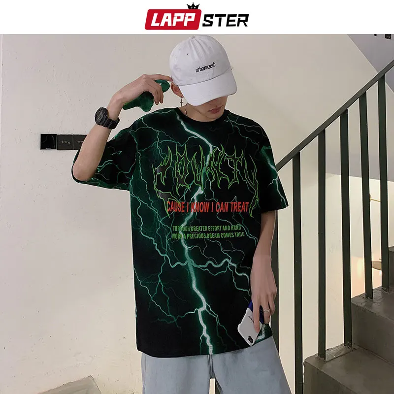 

LAPPSTER Summer Men Lightning Funny Streetwear Tshirts 2019 Mens Hip Hop Black Harajuku T-shirts Oversized T Shirt Fashons Tees