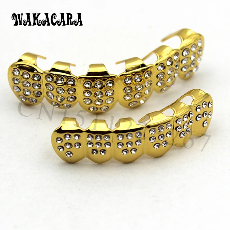 

WAKACARA Gold Color ICED OUT CZ Teeth GRILLZ Top Bottom Tooth Caps Hip Hop Bling NEW with Free mode Simulated Diamonds