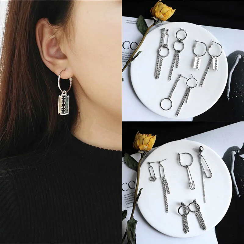 

Simple Punk Blade Pin Shaped Chain Tassel Drop Earrings for Women Personality Asymmetric Round Chain Female Pendant Earrings
