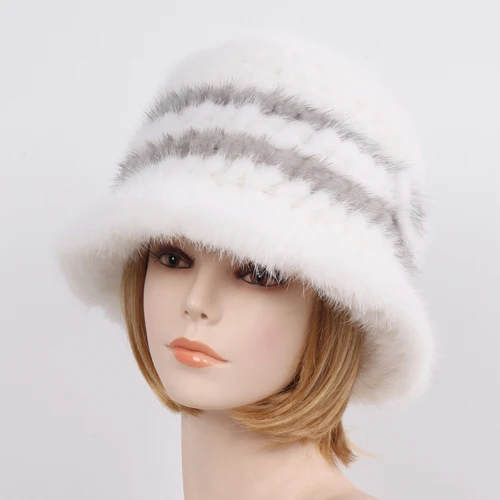 white and grey Новые зимние женские шапки из натурального меха норки, вязаная теплая шапка из натурального меха норки, русская Женская Роскошная меховая шапка из натуральной норки - Цвет: white and grey