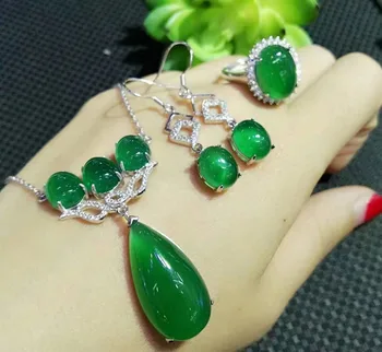 

2017 new style yellow green authentic chalcedony three pieces of complete sets of earrings ring pendant necklace Female style