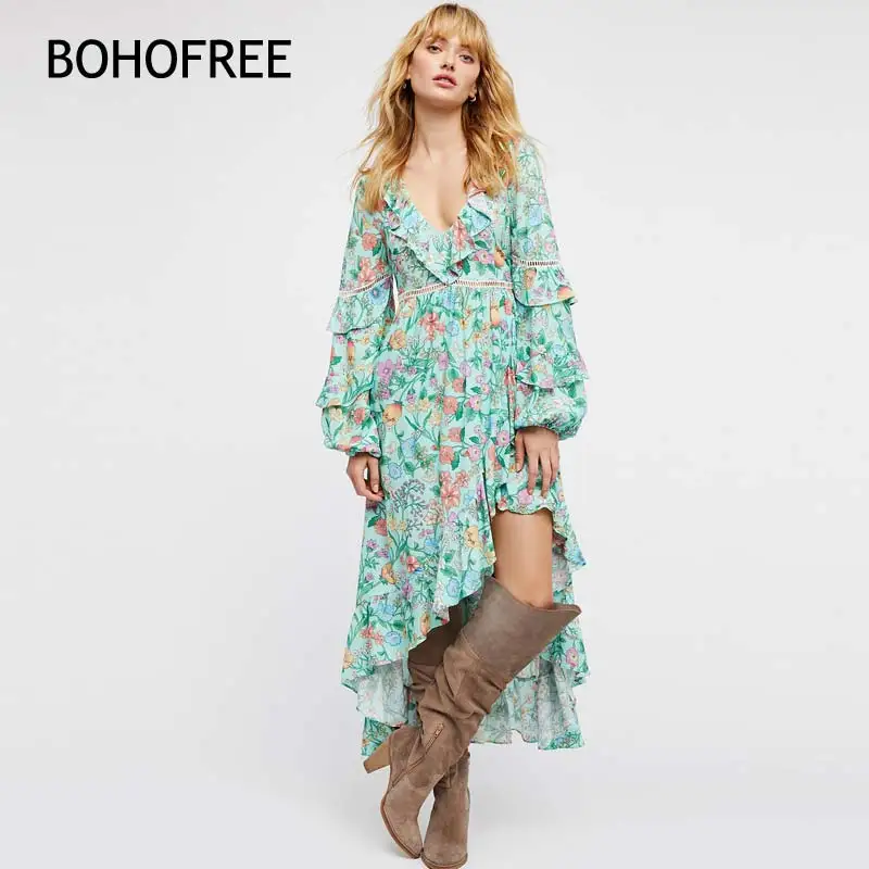 BOHOFREE/длинное зеленое платье с цветочным рисунком Богемное пляжное оборками Mujer