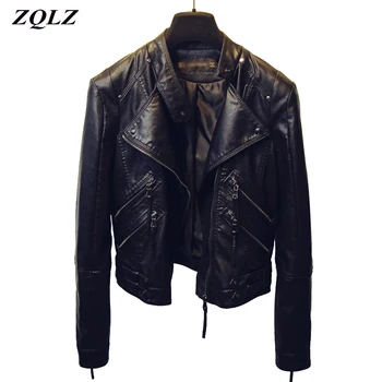 Zqlz 2018 Bomber Biker Rivestimento Del Motociclo Delle Donne di Autunno della Molla del Cappotto Del Bicchierino Manica Lunga Chiusura Lampo Del Nero Del Cuoio Del Faux Giubbotti Femminile