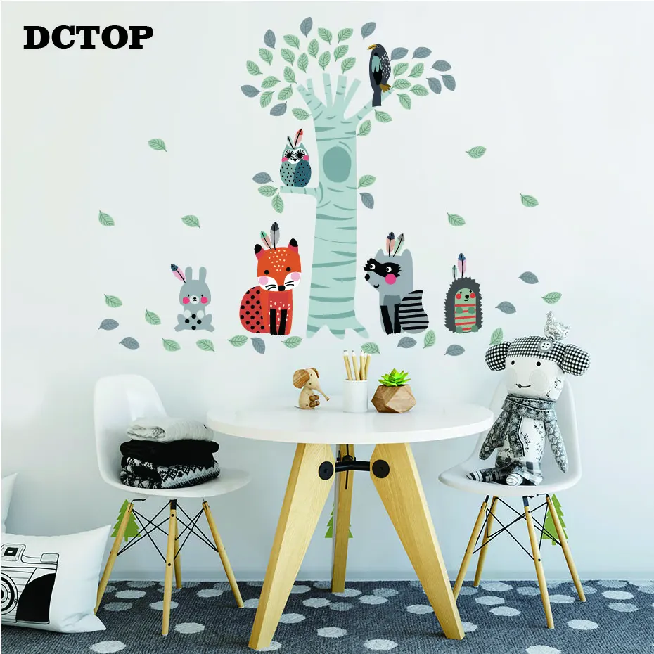Nursery Cartoon Tree Raccoon Fox Rabbit Owl Wall Stickers Animal Vinyls Decals for kids baby Room Living Room Home Decor Mural (5)