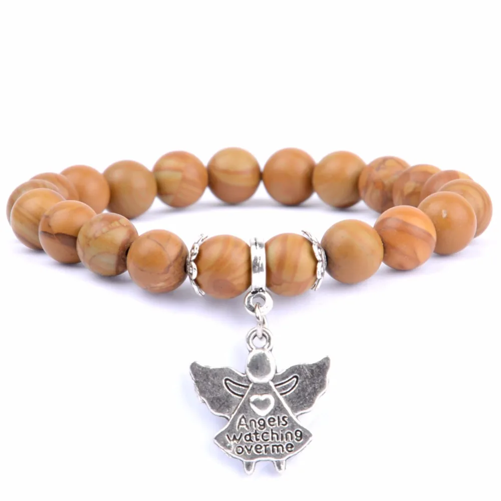 

Fashion Beaded Bracelet Men Angels Charm Bracelets Bangles For Women Natural Stone Wood Jaspers Beads Handmade Jewelry Pulseras
