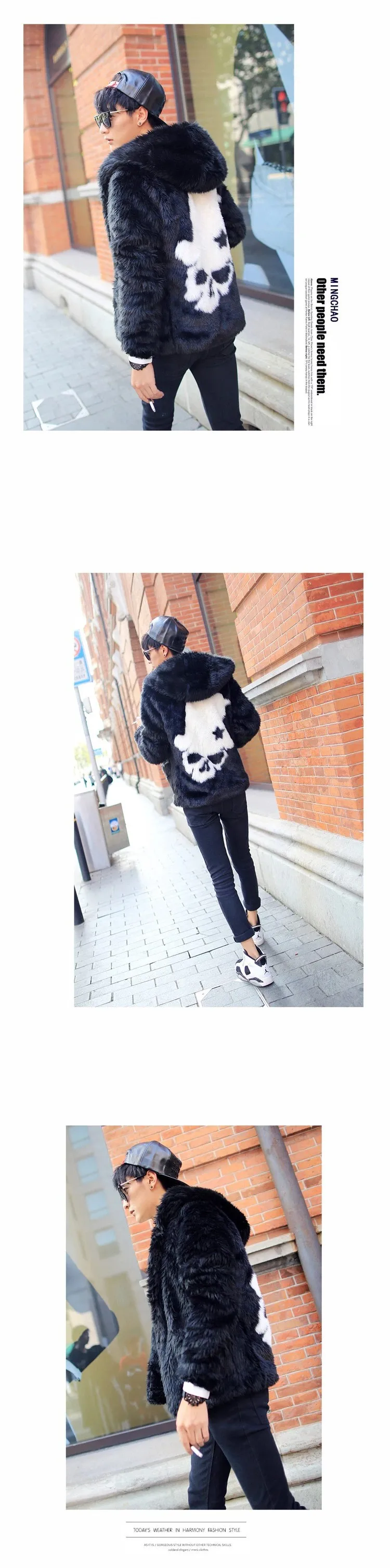 slim fit leather jacket 2020 Men Autumn  Winter Black Hooded  Imitation Rabbit fur Short Jacket Zip long sleeves Faux fur coat Locomotive Devil Clothing men's faux leather coats & jackets