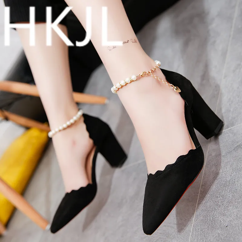 

HKJL 2019 new Europe and America spring face pointy sexy stiletto heels go with the new hollow single-button shoes A443