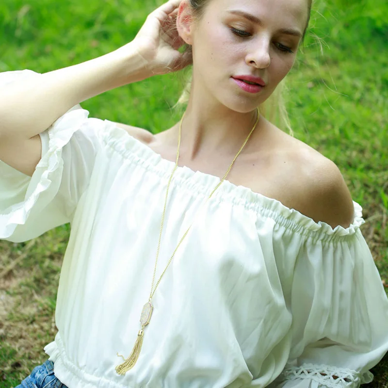 Fashion Women Long Chain Faux Druzy Pendant Tassel (4)