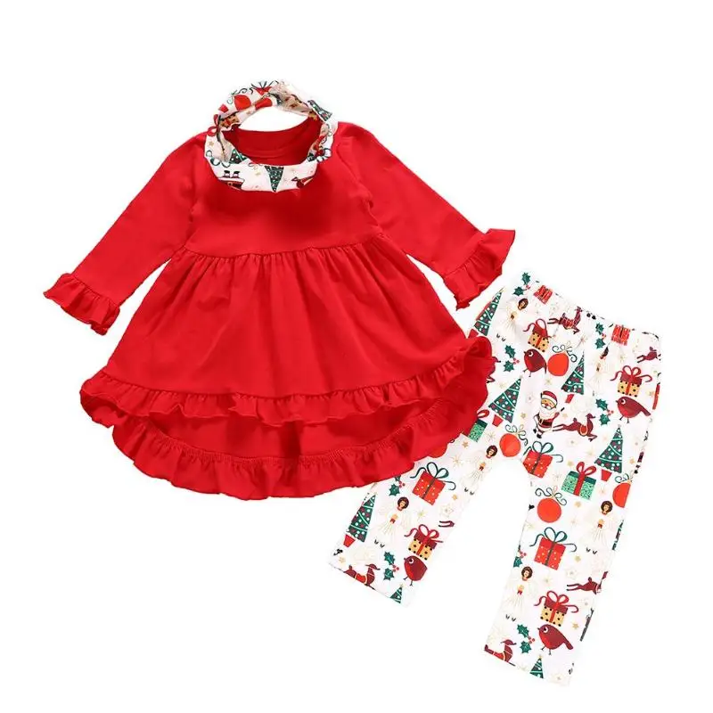 

2018 3pc Toddler Infant Child Kids Baby Girl Clothes Romper Dress Pants Headband 3Pcs Christmas Outfit Santa Xmas Set